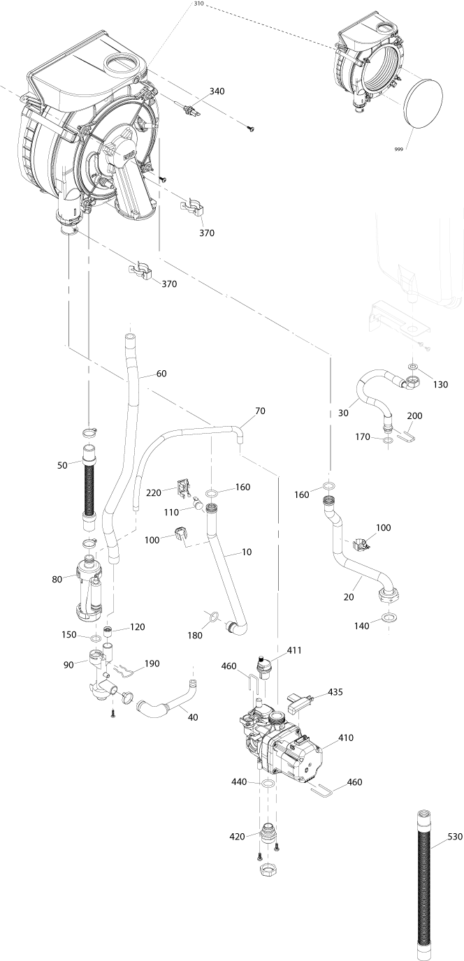 Varmeveksler, pumpe og rørdele